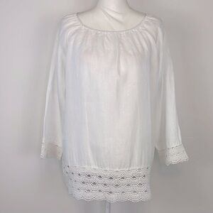 J. Crew Factory White 100% Linen Scalloped Lace Trim Tunic Blouse. Size Large.
